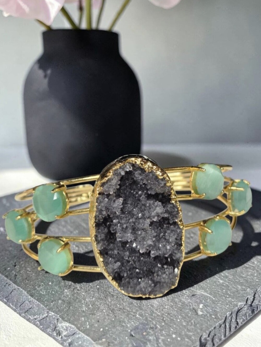 18k Gold Plated Artisan Sugar Druzy Chalcedony Crystal Stone Statement Bracelet